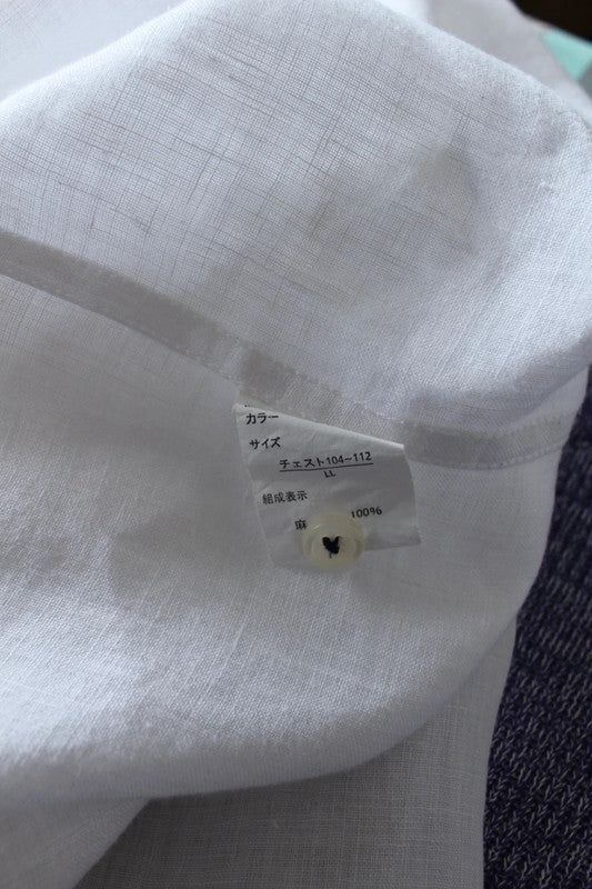 Suffuse white linen shirt 3/4 sleeve with blue striped collar and pocket detail.