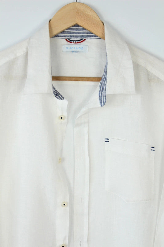 Suffuse white linen shirt 3/4 sleeve with blue striped collar and pocket detail.