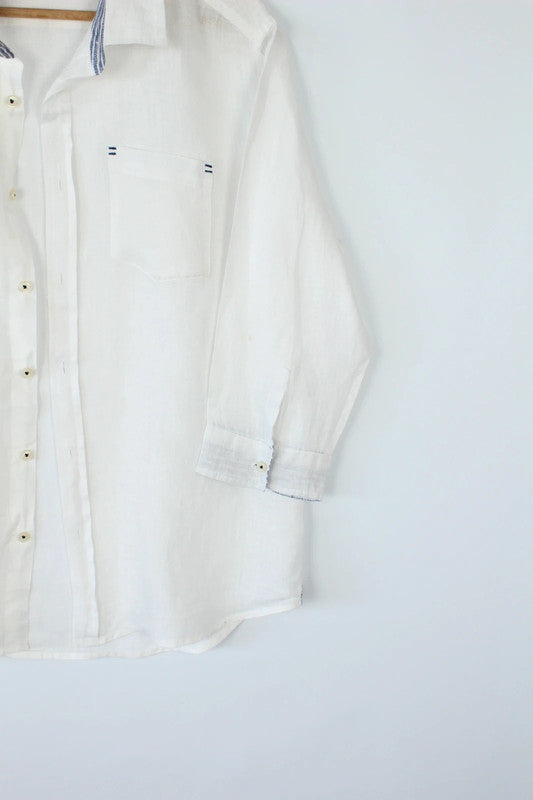 Suffuse white linen shirt 3/4 sleeve with blue striped collar and pocket detail.