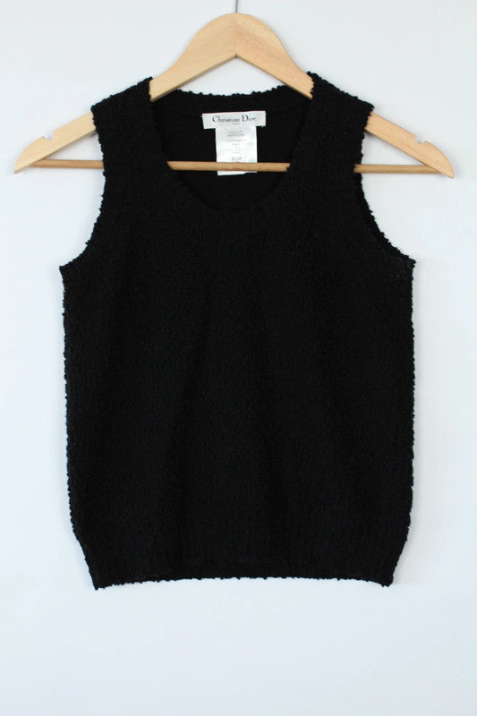 Christian Dior black sleeveless vest top with bouclé texture and scoop neck design.