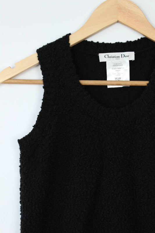 Christian Dior black sleeveless vest top with bouclé texture and scoop neck design.