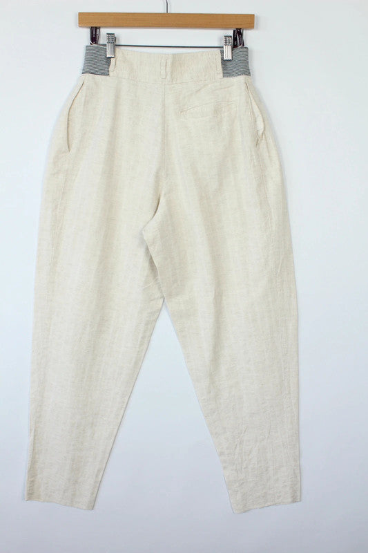 Yessica cream high-waisted linen trousers with elasticated pinstripe and front pleating details.