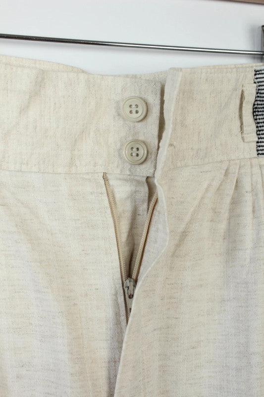 Yessica cream high-waisted linen trousers with elasticated pinstripe and front pleating details.