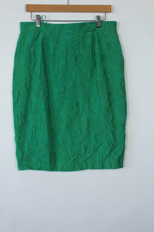 Louis Feraud green pencil skirt textured floral jacquard high-waisted silk blend.