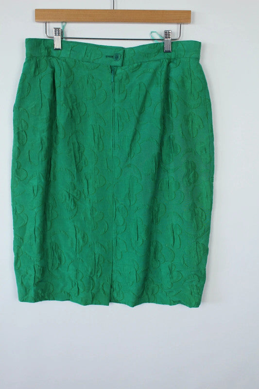 Louis Feraud green pencil skirt textured floral jacquard high-waisted silk blend.