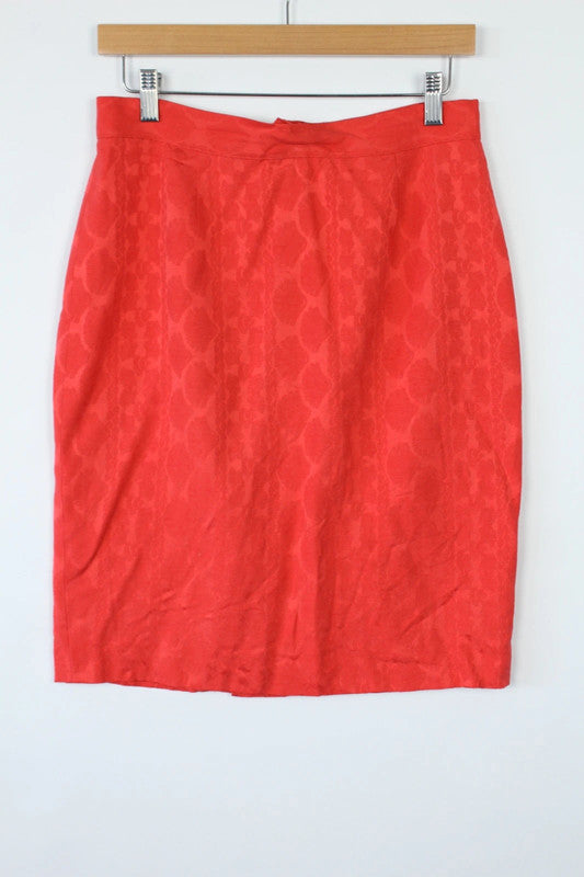 Emanuel Ungaro red silk pencil skirt geometric damask pattern with high-waisted design.