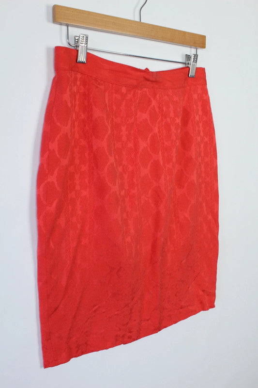 Emanuel Ungaro red silk pencil skirt geometric damask pattern with high-waisted design.