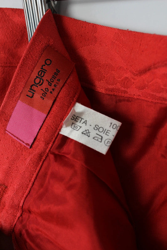 Emanuel Ungaro red silk pencil skirt geometric damask pattern with high-waisted design.