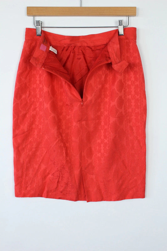Emanuel Ungaro red silk pencil skirt geometric damask pattern with high-waisted design.