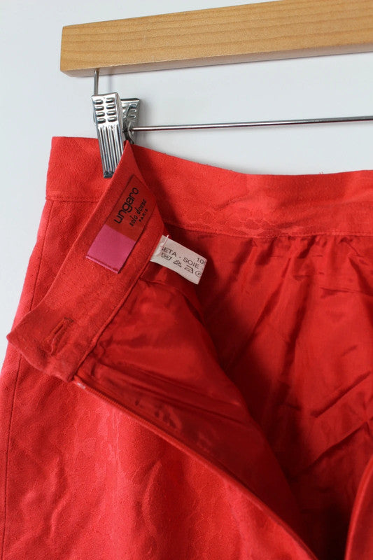 Emanuel Ungaro red silk pencil skirt geometric damask pattern with high-waisted design.
