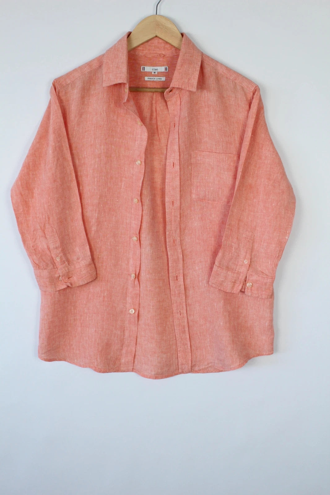 Celio salmon pink linen tunic blouse with chest pocket and classic collar.