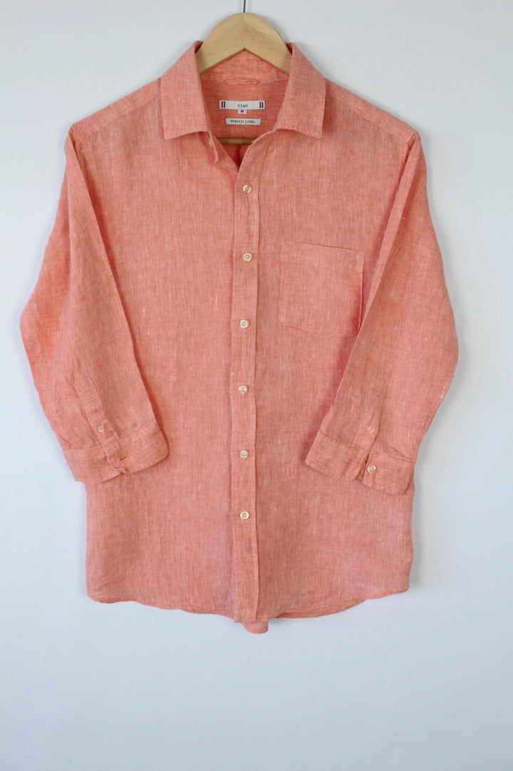 Celio salmon pink linen tunic blouse with chest pocket and classic collar.