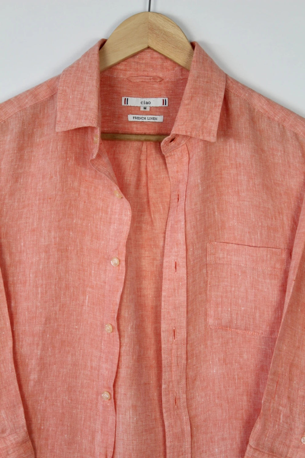 Celio salmon pink linen tunic blouse with chest pocket and classic collar.