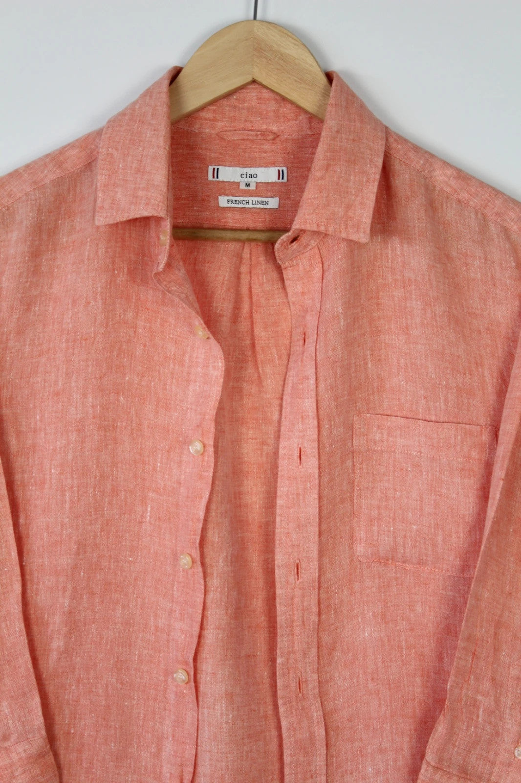 Celio salmon pink linen tunic blouse with chest pocket and classic collar.