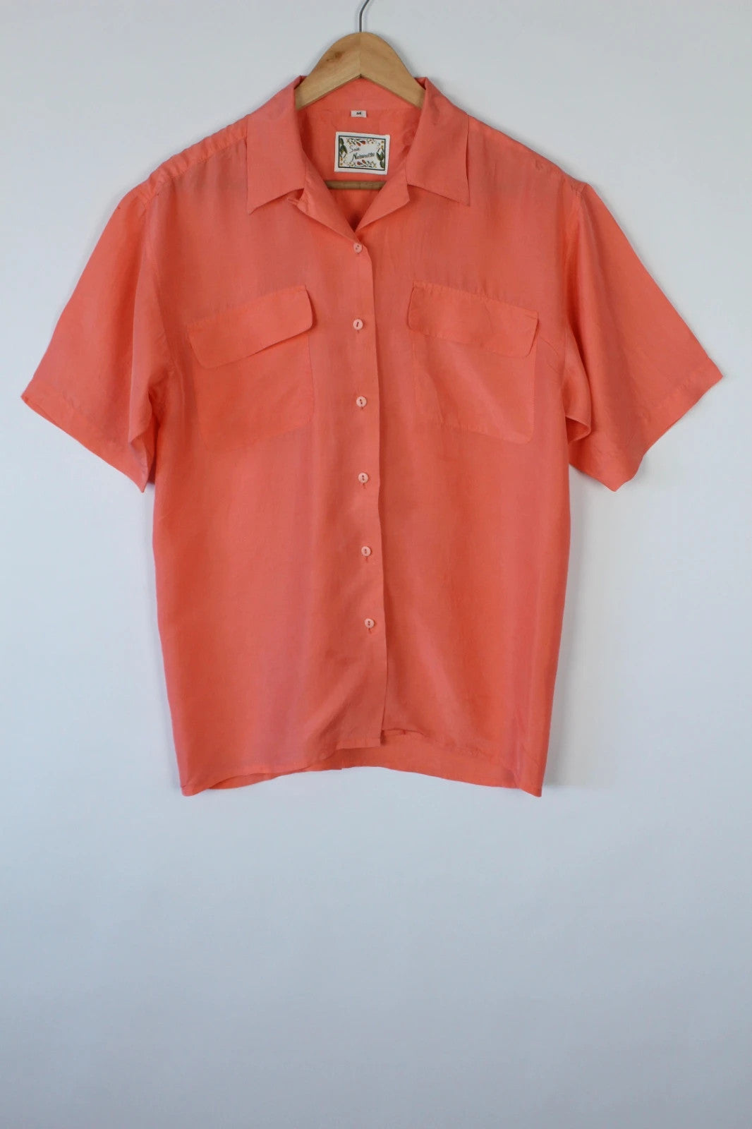 Vintage Dressing orange silk short sleeve blouse with utility camp collar and flap pockets.