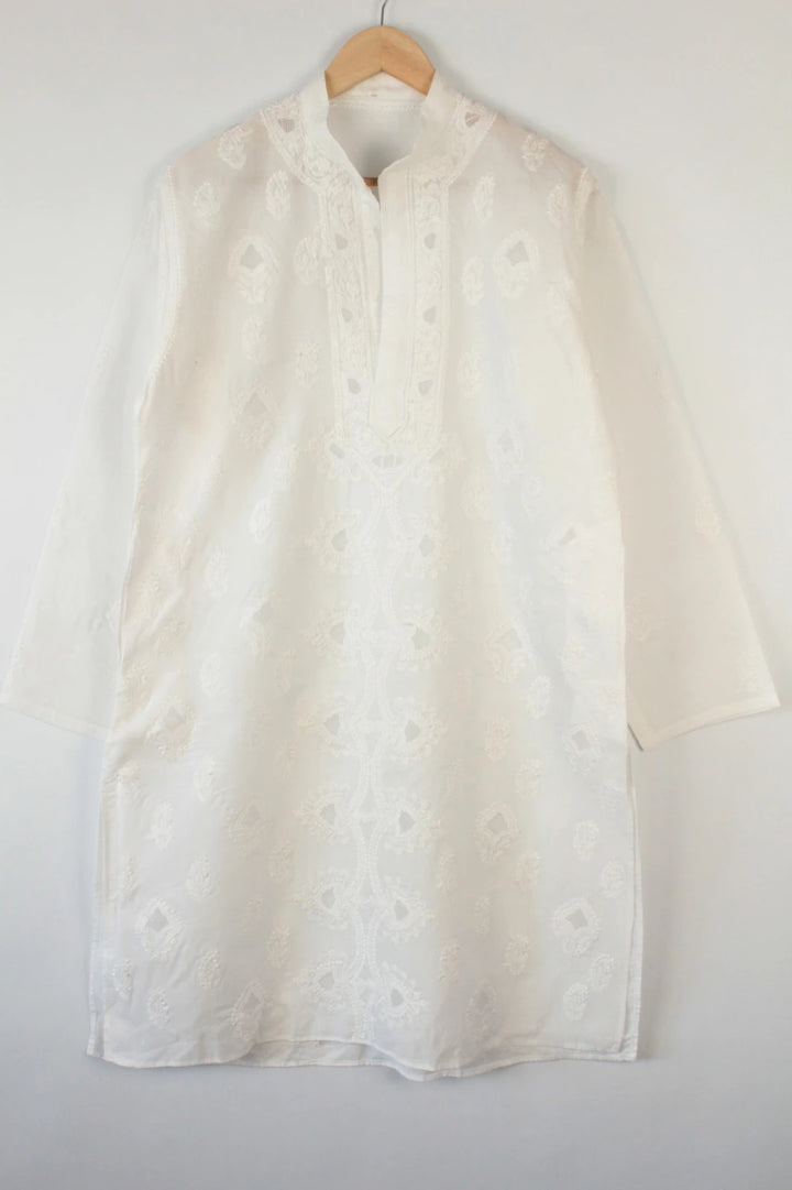 Indian white kurta long tunic shirt cotton with intricate tonal embroidery and mandarin collar.