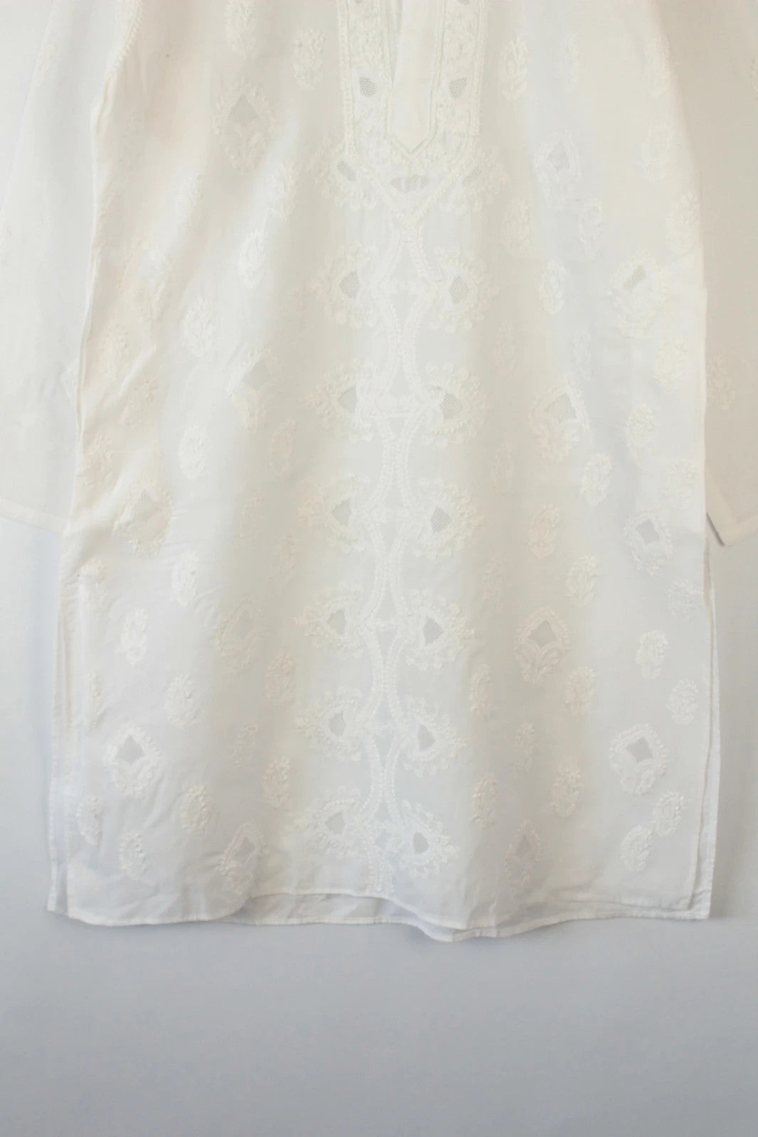 Indian white kurta long tunic shirt cotton with intricate tonal embroidery and mandarin collar.