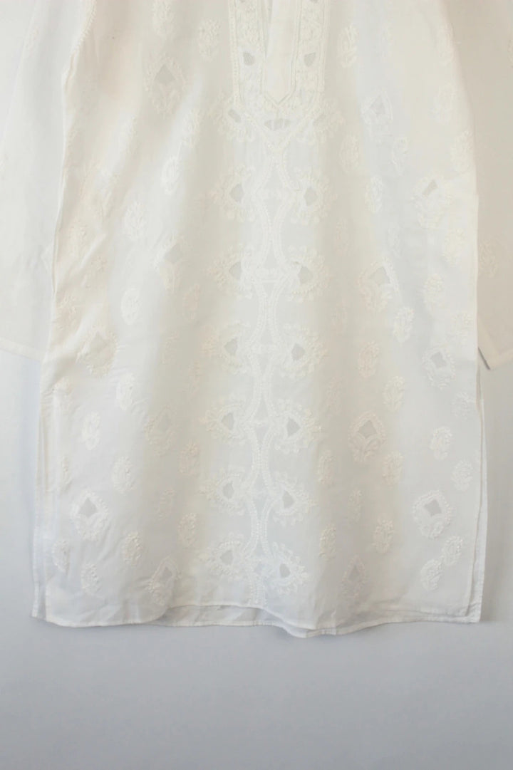 Indian white kurta long tunic shirt cotton with intricate tonal embroidery and mandarin collar.