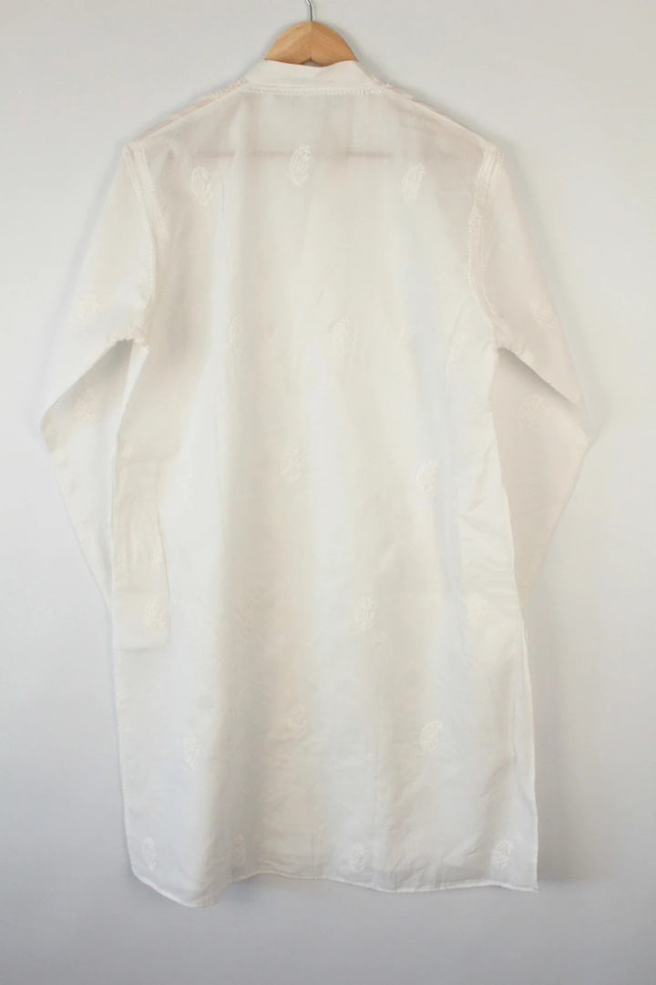 Indian white kurta long tunic shirt cotton with intricate tonal embroidery and mandarin collar.
