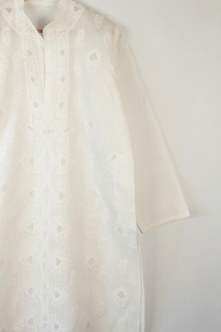 Indian white kurta long tunic shirt cotton with intricate tonal embroidery and mandarin collar.