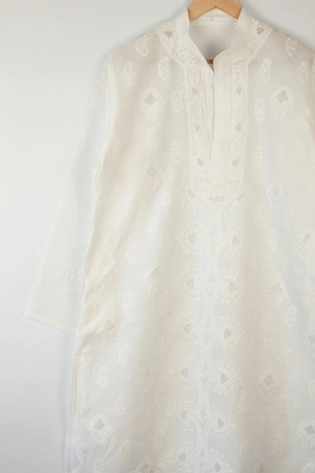 Indian white kurta long tunic shirt cotton with intricate tonal embroidery and mandarin collar.