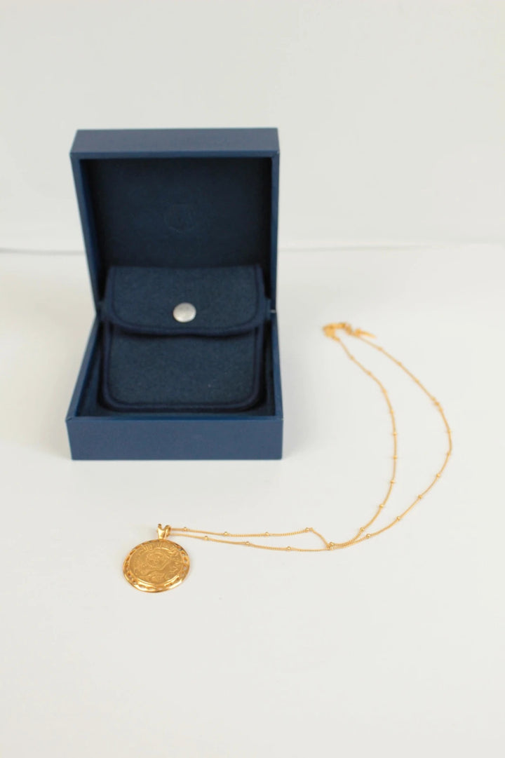 Missoma gold necklace with Roman coin medallion pendant, 18ct gold vermeil on sterling silver.