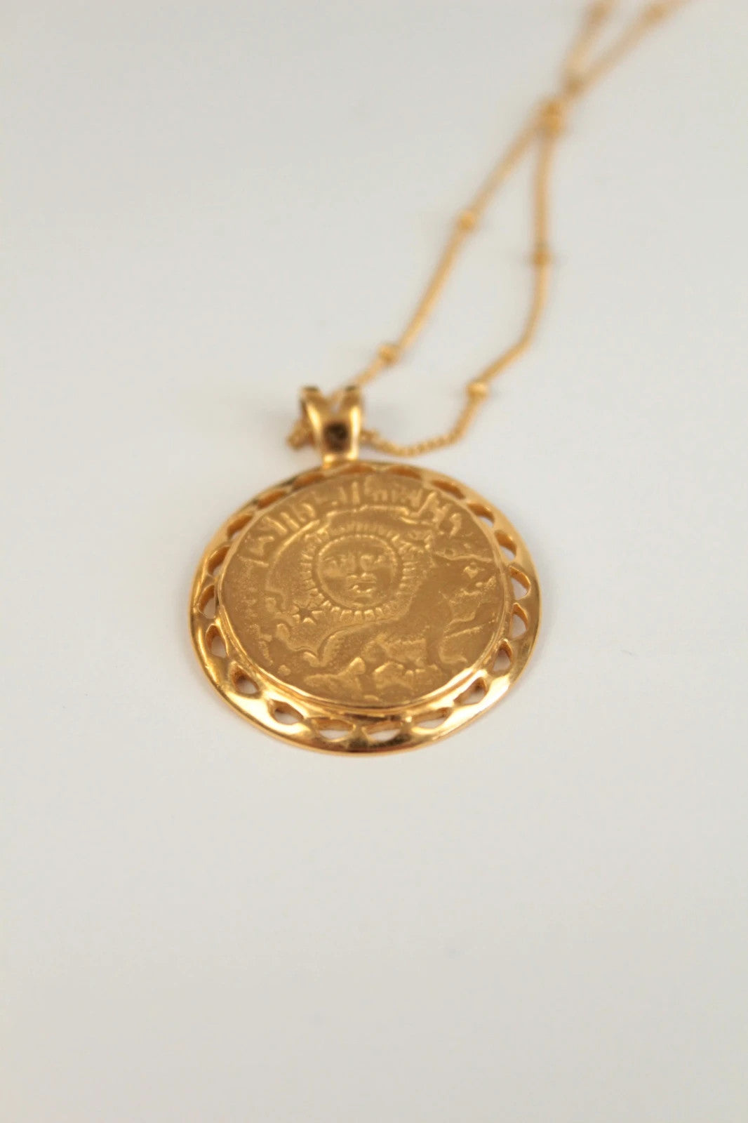 Missoma gold necklace with Roman coin medallion pendant, 18ct gold vermeil on sterling silver.