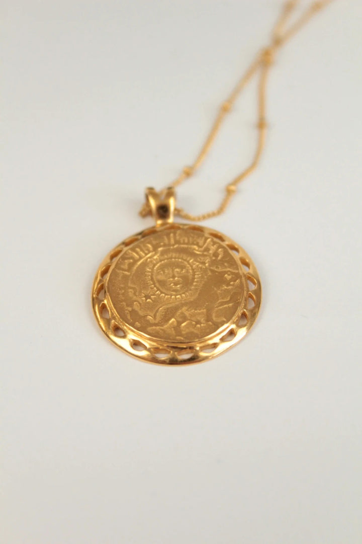 Missoma gold necklace with Roman coin medallion pendant, 18ct gold vermeil on sterling silver.