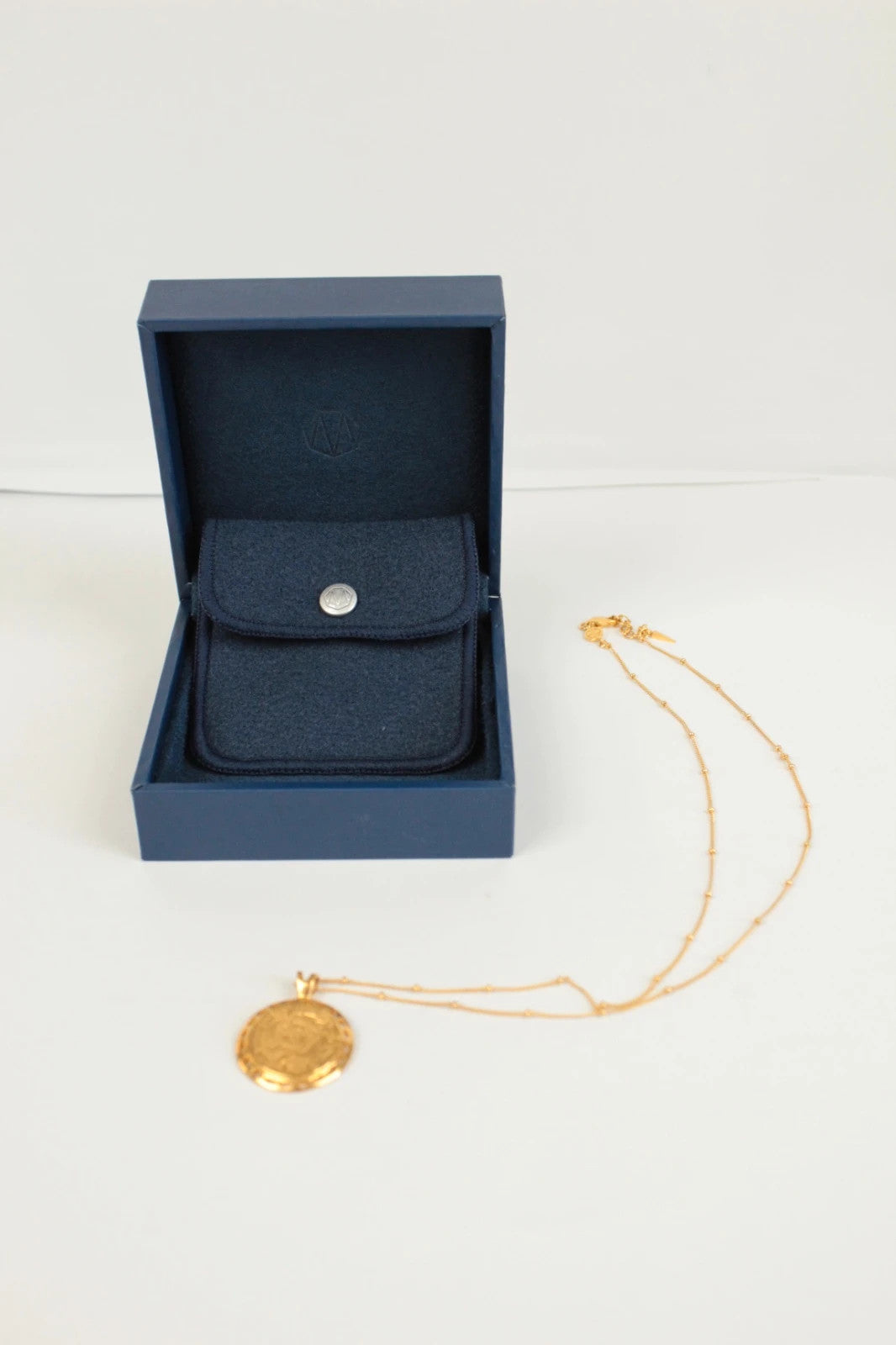 Missoma gold necklace with Roman coin medallion pendant, 18ct gold vermeil on sterling silver.