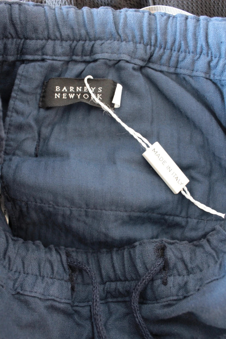Barneys New York navy blue wide-leg trousers, drawstring waist, cotton linen blend fabric.