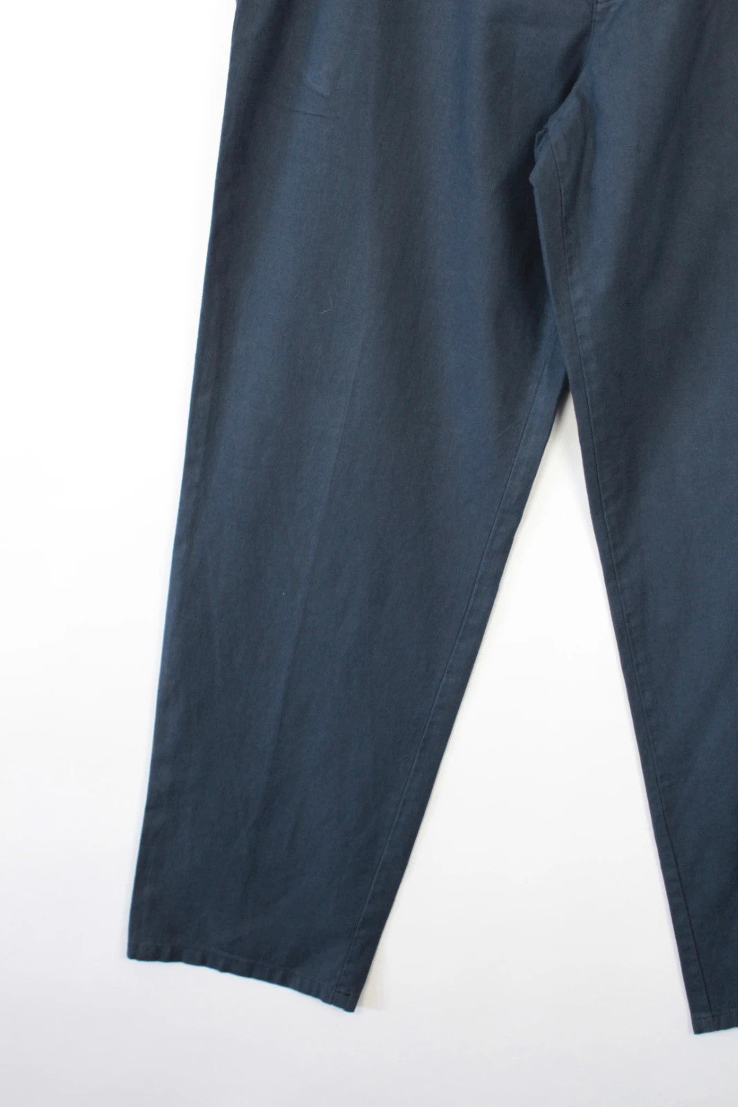 Barneys New York navy blue wide-leg trousers, drawstring waist, cotton linen blend fabric.