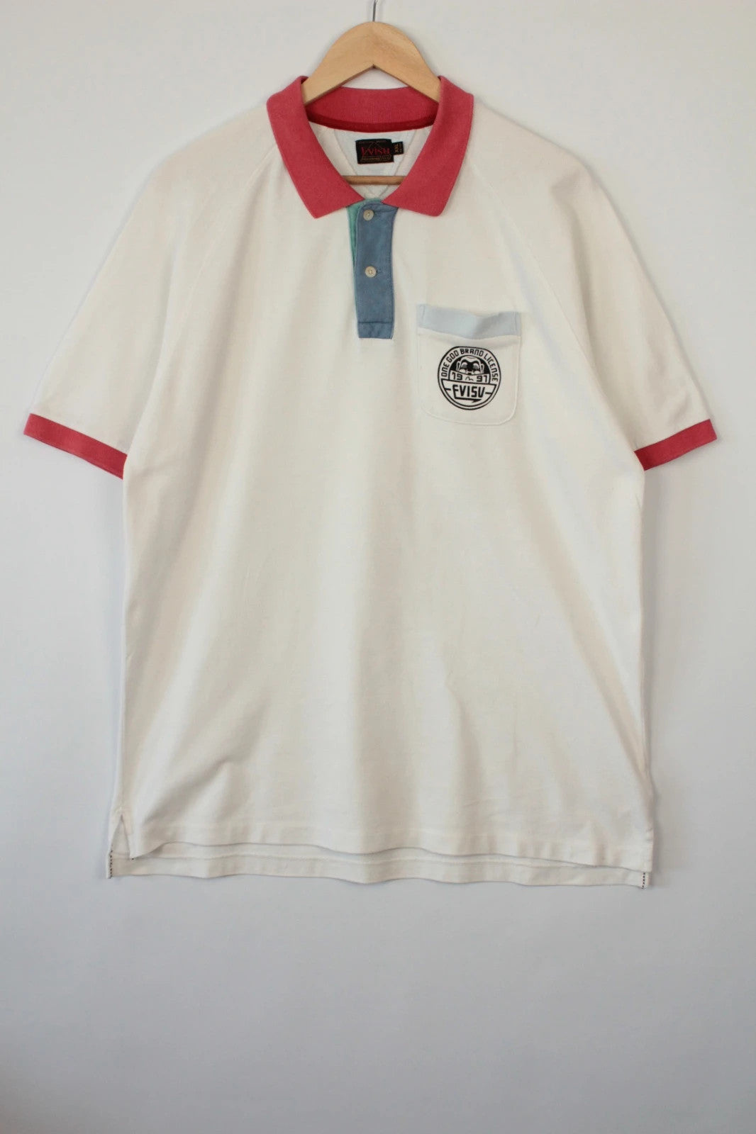Evisu vintage men's polo shirt red and white colour-block design, premium cotton fabric.