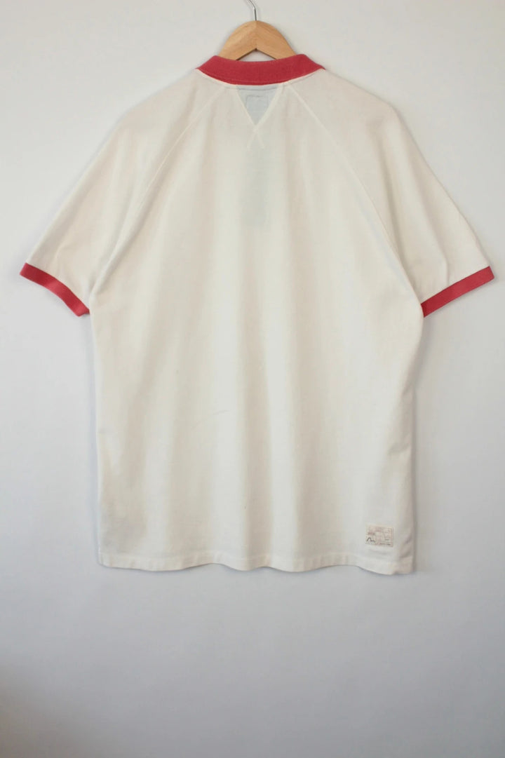 Evisu vintage men's polo shirt red and white colour-block design, premium cotton fabric.