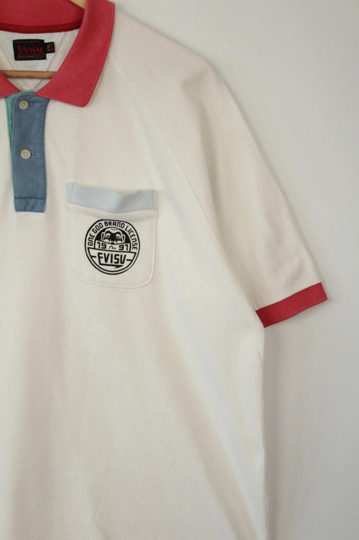 Evisu vintage men's polo shirt red and white colour-block design, premium cotton fabric.