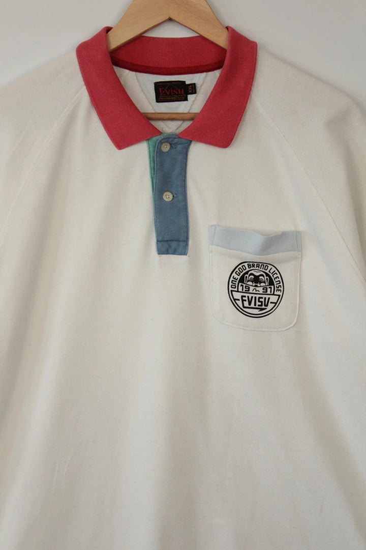 Evisu vintage men's polo shirt red and white colour-block design, premium cotton fabric.