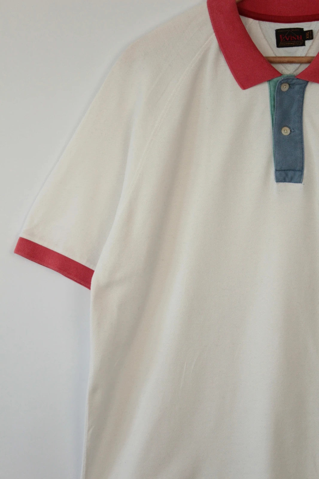 Evisu vintage men's polo shirt red and white colour-block design, premium cotton fabric.