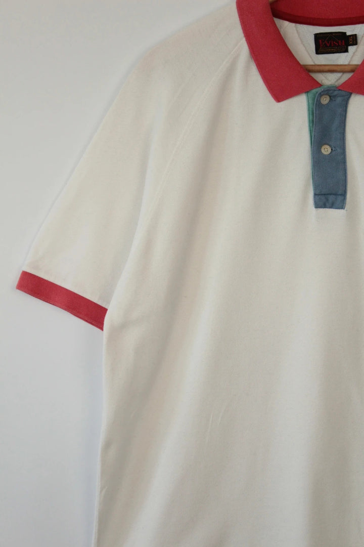 Evisu vintage men's polo shirt red and white colour-block design, premium cotton fabric.