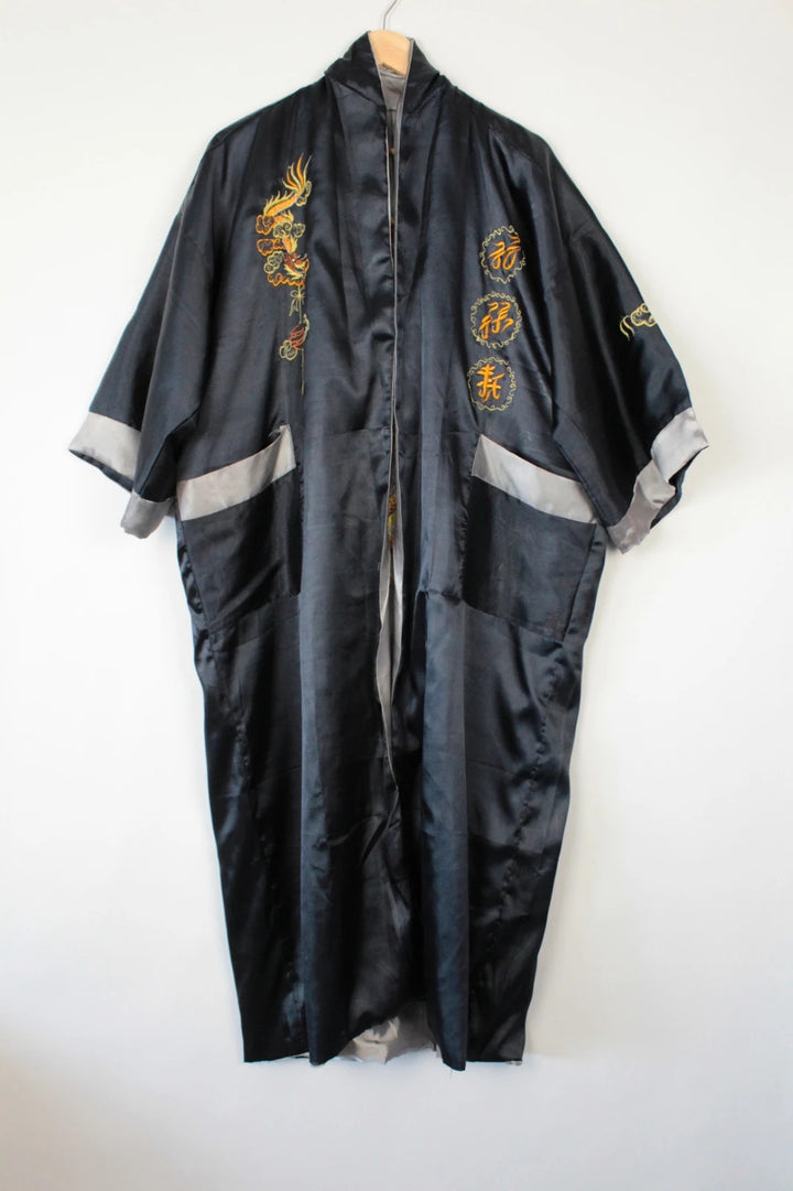 Japan Style reversible kimono robe black satin with gold dragon embroidery and kanji symbols.