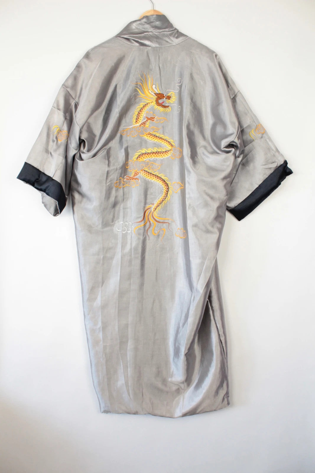Japan Style reversible kimono robe black satin with gold dragon embroidery and kanji symbols.