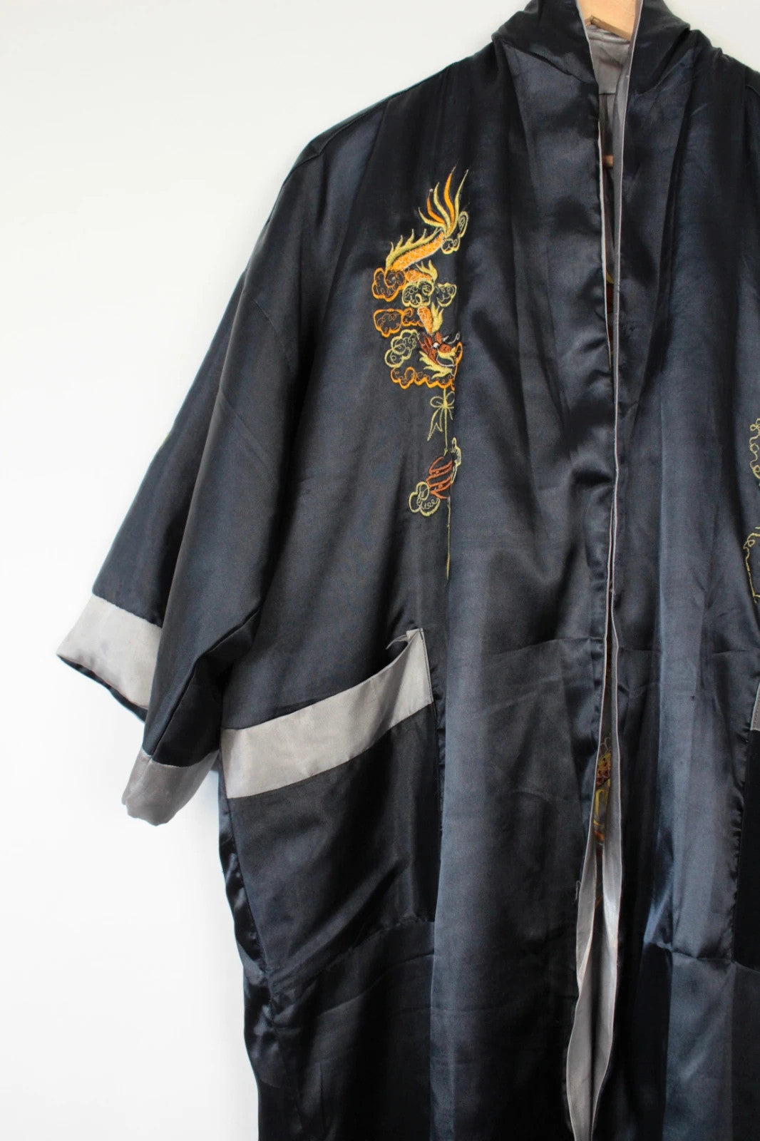 Japan Style reversible kimono robe black satin with gold dragon embroidery and kanji symbols.