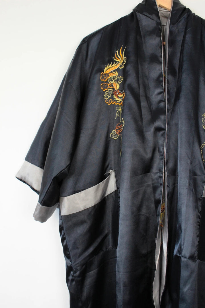 Japan Style reversible kimono robe black satin with gold dragon embroidery and kanji symbols.