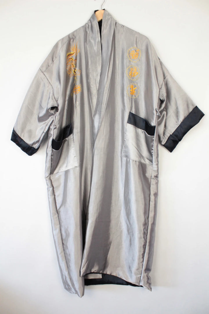 Japan Style reversible kimono robe black satin with gold dragon embroidery and kanji symbols.