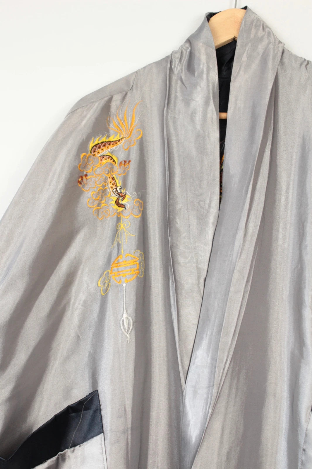 Japan Style reversible kimono robe black satin with gold dragon embroidery and kanji symbols.