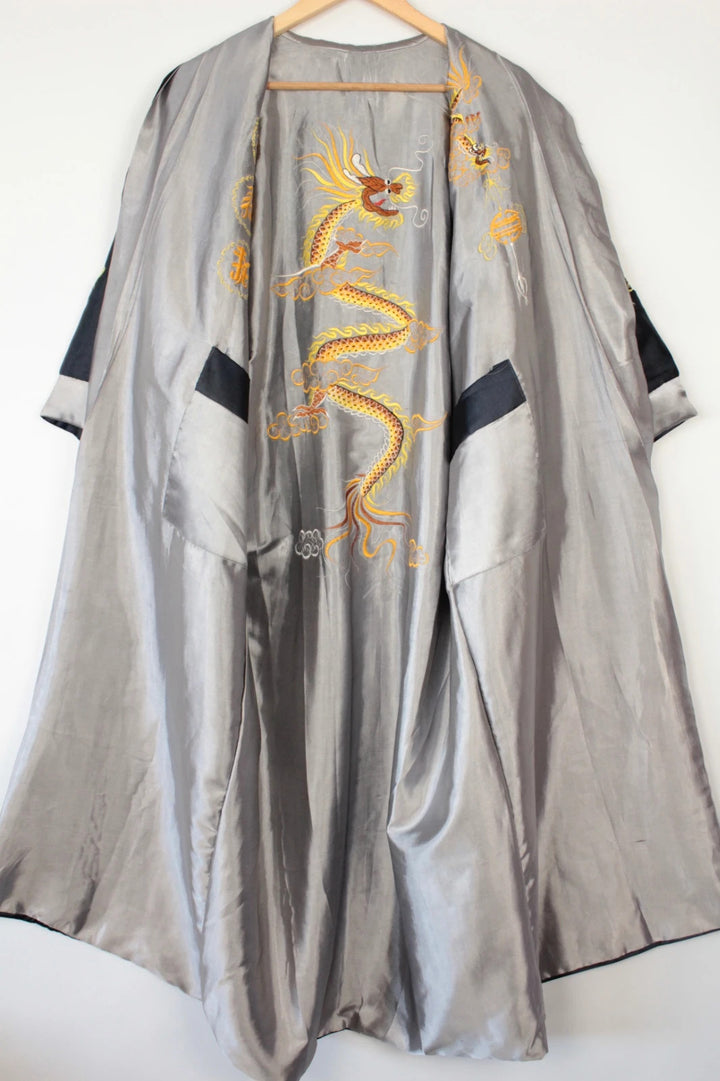 Japan Style reversible kimono robe black satin with gold dragon embroidery and kanji symbols.