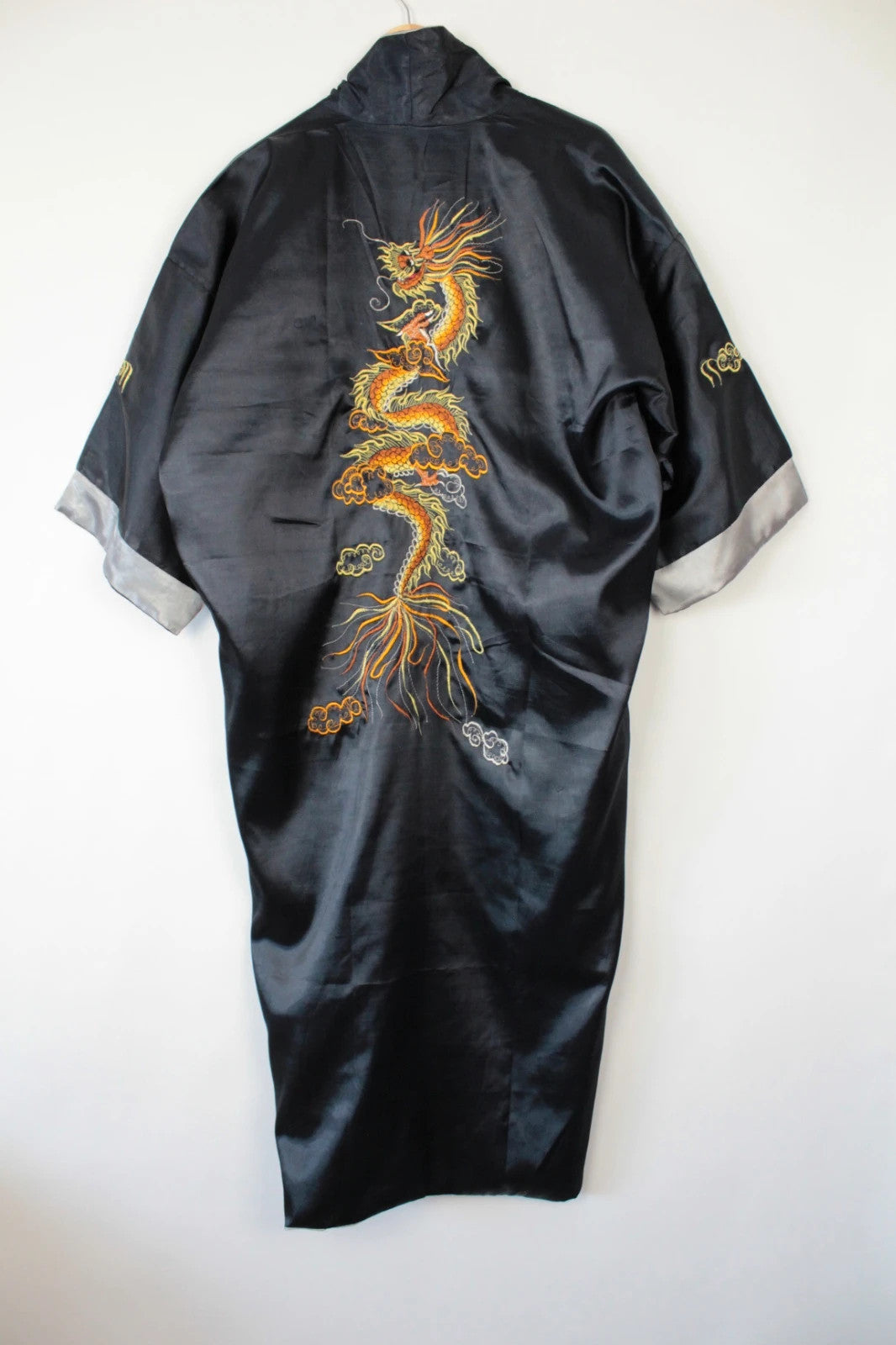 Japan Style reversible kimono robe black satin with gold dragon embroidery and kanji symbols.
