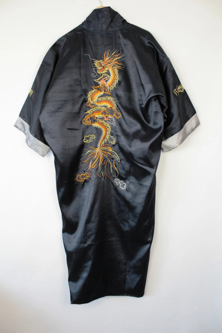 Japan Style reversible kimono robe black satin with gold dragon embroidery and kanji symbols.