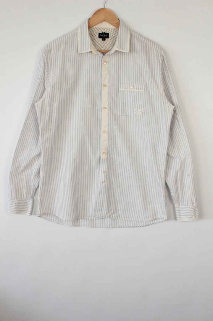Paul Smith blue and white striped popover shirt with fine vertical pinstripes.