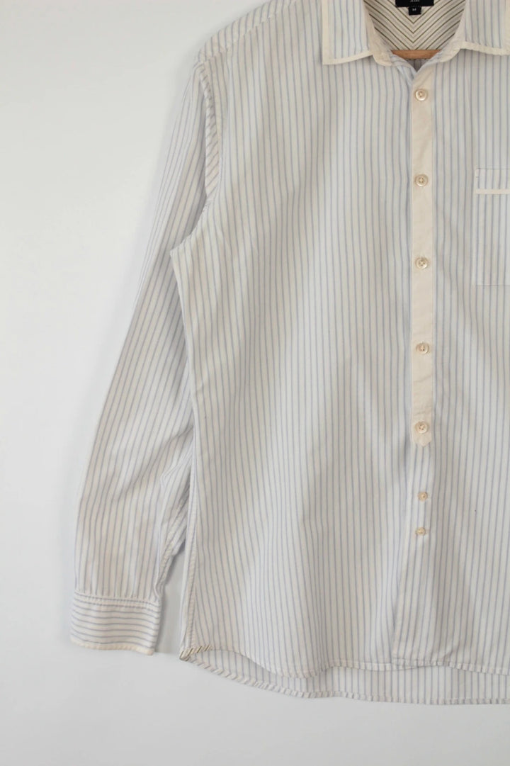 Paul Smith blue and white striped popover shirt with fine vertical pinstripes.