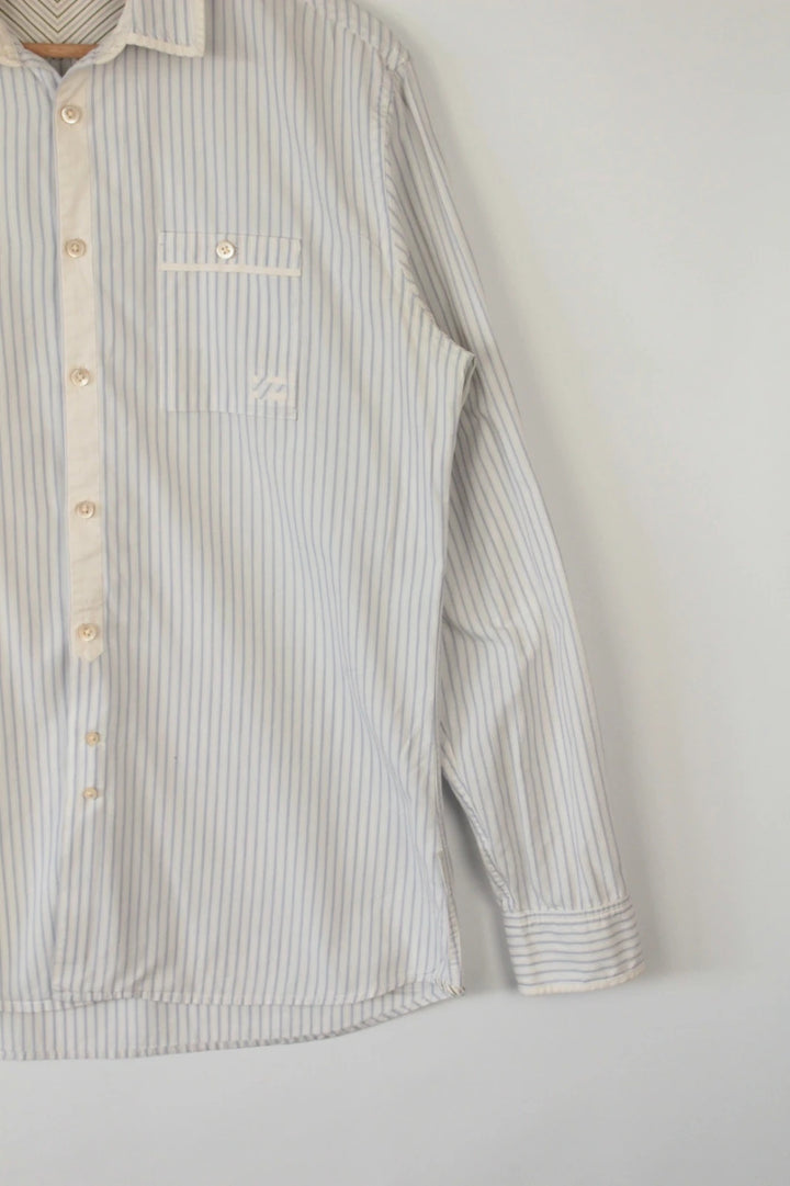 Paul Smith blue and white striped popover shirt with fine vertical pinstripes.