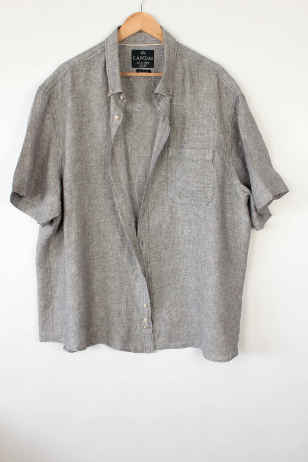 Canda grey melange short sleeve linen shirt with button-down collar and textured weave.